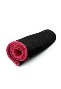 Black yoga mat with a textured surface, rolled up with a pink edge. Features a non-slip design for stability during practice.