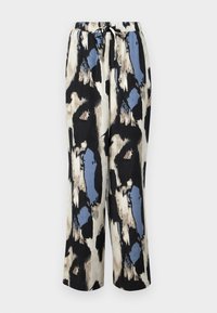 Relaxed-fit, printed trousers in a blend of cream, black, and blue shades with a textured, abstract pattern. Features an elastic waistband with a drawstring.