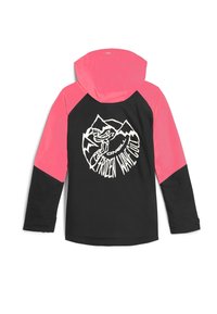 Zwarte en roze langemouwen shirt met capuchon, met een witte grafiek van bergen en een wezen op de achterkant. Soepele textuur en aansluitend ontwerp.