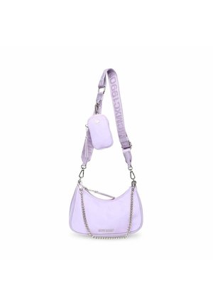 Light purple shoulder bag with detachable chain and adjustable wide fabric strap featuring a small pouch and printed text.