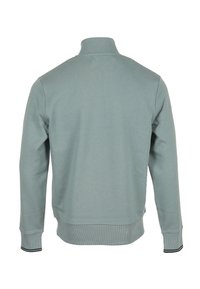 Felpa verde chiaro con collo alto, maniche lunghe e orlo e polsini a costine. Il tessuto ha una texture liscia senza motivi visibili.