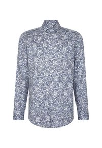 Chemise pour hommes à manches longues avec motifs floraux bleu marine et blanc et col classique.