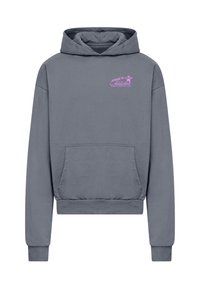 Felpa grigia con tasca frontale, presenta un logo grafico rosa sul petto, polsini a coste e cappuccio con cordino. Materiale in misto cotone.
