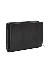 Portafoglio in pelle nera con superficie testurizzata, design a tre pieghe e hardware argentato per la chiusura. Forma compatta con diversi slot per carte.