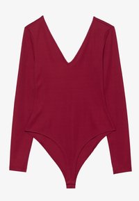 Pitkähiha bodysuit viininpunaisena, syvällä V-kauluksella, tiiviisti istuvalla designilla ja korkealla lahkeiden avauksella, jonka pinta on sileä.