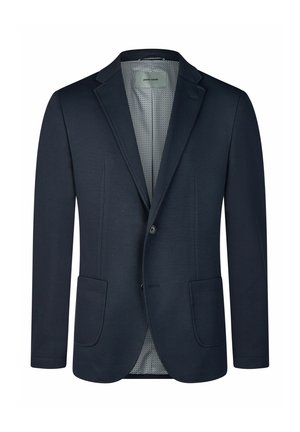 Navyblauwe herensblazer met inkeping revers, twee voorzakken met klep, sluiting met één knoop en een patroon binnenvoering.