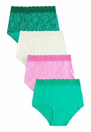 Vier paar damesondergoed: teal, wit, en roze met kant taillebanden en een groene dierenprint. Katoenen materiaal, klassieke pasvorm.