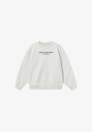 Šedá mikina vyrobená z měkké tkaniny s žebrovanými manžetami a spodním lemem. Na hrudi je nápis v černé barvě "ZNÁTE SVOU VIZI".