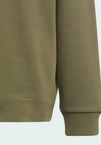 Felpa verde oliva con tessuto testurizzato, polsini a costine e orlo. Senza grafiche o motivi; attenzione al colore solido e al design.