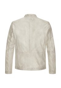 Helles beige Jacket mit glatter Textur, Stehkragen und langen Ärmeln. Verfügt über ein einfaches Design und minimale Nähdetails an den Nähten.