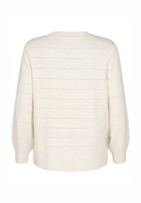 Cremfarbener Strickpullover mit horizontalen Streifenmustern und gerippten Bündchen. Das Design umfasst einen weit ausgeschnittenen Rundhalsausschnitt und eine verkürzte Form.