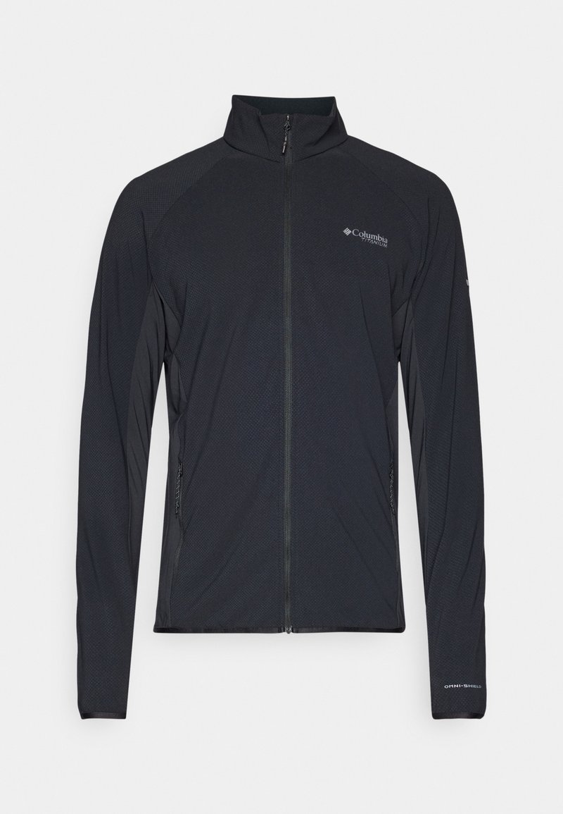 Schwarze leichte Jacke mit durchgehendem Reißverschluss, hohem Kragen und strukturiertem Stoff. Verfügt über Seitentaschen und Logodetail auf der Brust und dem Ärmel.