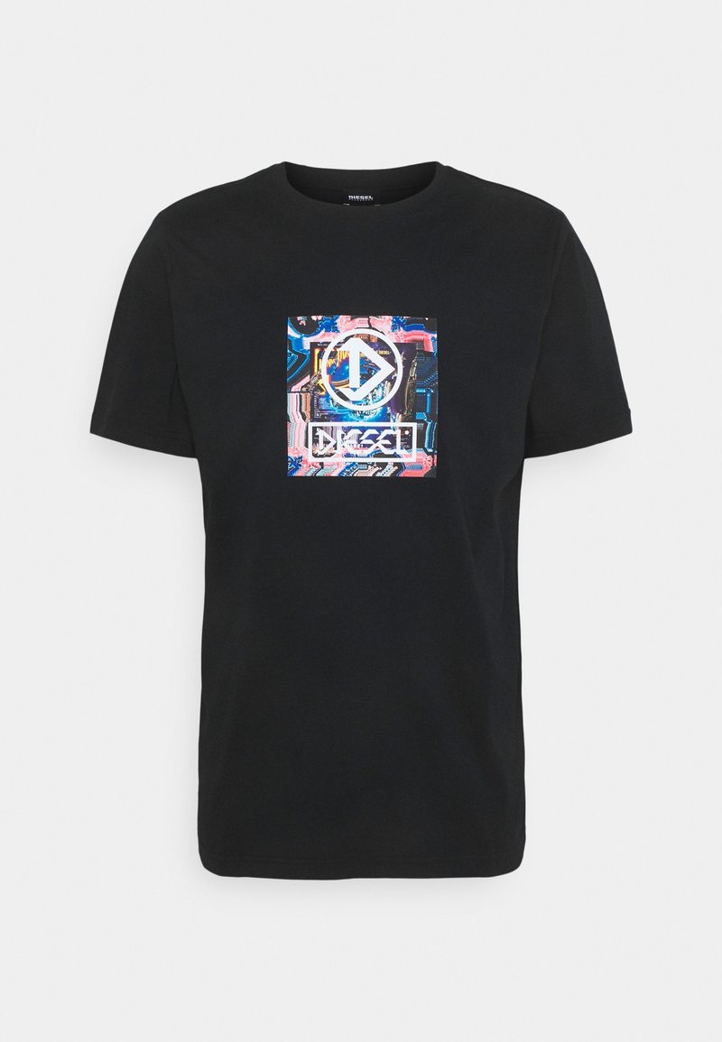 Black t-shirt made of cotton featuring a colorful, abstract graphic design with geometric shapes and the brand name "Diesel" in the center.