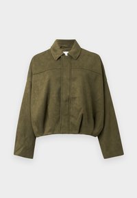 Giacca corta verde oliva in materiale morbido simile alla suede. Caratterizzata da un colletto rialzato, chiusura frontale con zip e maniche ampie e larghi.