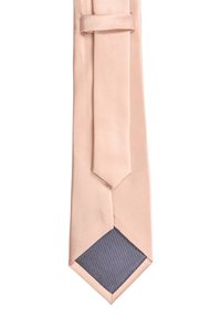 Cravatta di seta rosa chiaro con una consistenza liscia, caratterizzata da un motivo a righe diagonali grigio scuro all'estremità e un design slim e aerodinamico.