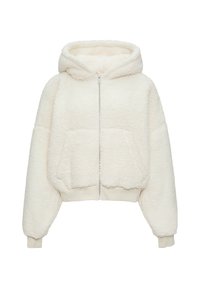 Gekürzte Kapuzenjacke aus weichem, strukturiertem Creme-Stoff. Verfügt über einen Reißverschluss, zwei Fronttaschen und gerippte Bündchen sowie Saum.