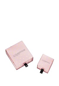 Rózsaszín ajándékdobozo,k aranylevél mintákkal, egy nagyobb és egy kisebb, fekete húzófüllel, a "GLANZSTÜCKE MÜNCHEN" logóval.