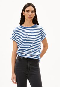 Striped cotton t-shirt featuring blue and white horizontal stripes, crew neckline, and rolled short sleeves. Small logo on chest.