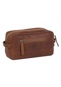 Beauty case in pelle marrone con scomparto principale con zip, tasca anteriore con zip, forma quadrata e manico laterale per un facile trasporto.