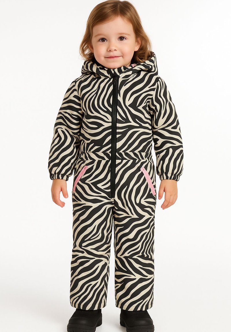 Zebra-gepatroneerde geïsoleerde sneeuwpak met een capuchon, gemaakt van zwart en beige stof. Heeft een volledige rits en roze ritszakken.