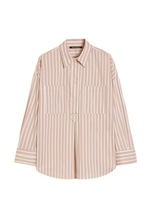 Camicia a maniche lunghe con bottoni, a righe verticali rosa, bianche e beige e due tasche frontali sul petto.