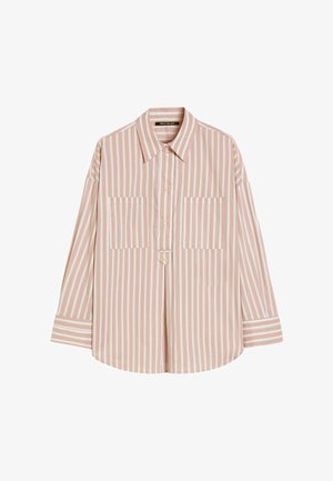 Camicia a maniche lunghe con bottoni, a righe verticali rosa, bianche e beige e due tasche frontali sul petto.