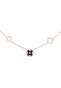 Rose gold chain necklace featuring three four-leaf clover-shaped charms, with the center charm having a black accent.