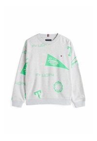 Lichtgrijze sweatshirt met mintgroene bedrukte graphics, met tekst, een driehoekig logo en geribbelde manchetten en onderrand.