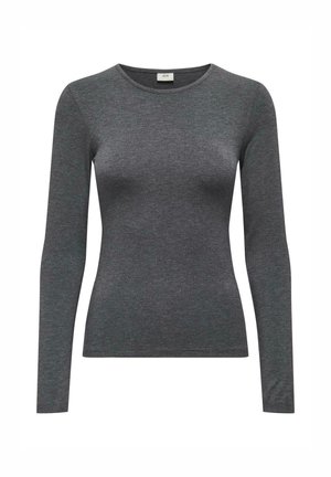 T-shirt gris à manches longues en tissu lisse et extensible, avec un col rond et un design ajusté. Style simple et classique sans motifs.