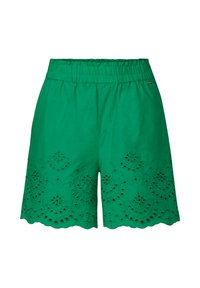 Zelené bavlněné šortky s vyšívanými detaily na okrajích, vlnitým lemem, elastickým pasem a volnějším střihem. Vhodné do teplého počasí.