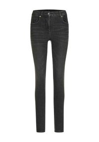 Zwarte slim-fit jeans met hoge taille, sluiting met voorste knoop en rits, en versierde voorzakken.