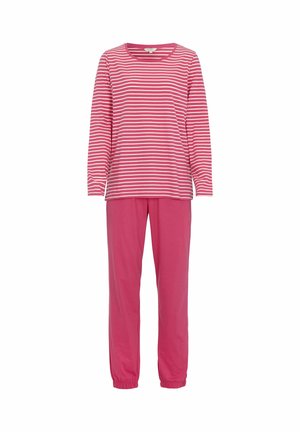 Dame to-delt lyserødt nattøj med langærmet top med hvide striber og ensfarvede lyserøde bukser med elastik ved anklerne.