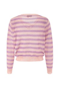 Maglione lavorato a maglia con maniche lunghe, caratterizzato da strisce orizzontali in rosa pastello e lavanda, con una vestibilità leggermente cropped e una finitura testurizzata.