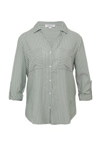 Chemise verte claire à rayures avec un col en V, des manches retroussables, deux poches poitrine et une fermeture à boutons sur le devant. Fabriquée dans un tissu doux et léger.