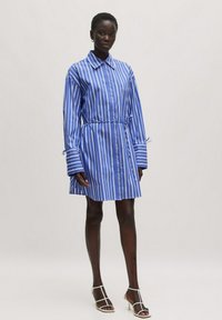 Gestreiftes blaues Hemdkleid mit langen Ärmeln, Knopfleiste, verstellbarem Taillenzug und breiten Manschetten, aus leichtem Stoff gefertigt.