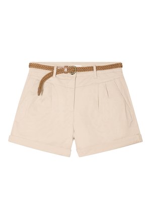 Beige puuvillashortsit, joissa on punottu ruskea vyö, kaksi poimutusta ja käänteet. Sisältää vyölenkit ja sivutaskut.