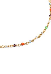 Halskette in Goldfarbe mit bunten Glasperlen und Perlen, angeordnet mit dazwischenliegenden runden Gliedern.
