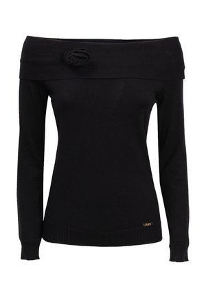 Zwarte off-the-shoulder trui met lange mouwen, voorzien van een stoffen bloemdetail op de halslijn en een geribbelde zoom. Zacht gebreid materiaal.