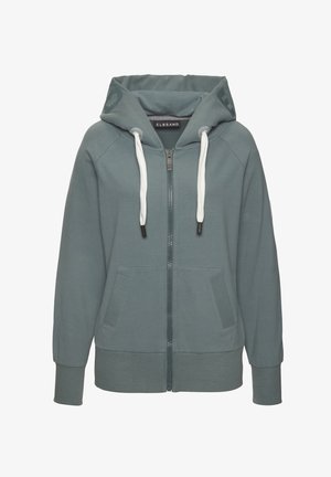 Light teal zip-up hoodie with a drawstring hood, two front pockets, ribbed cuffs, and hem. Features a logo patch on the sleeve. Cotton blend material.
