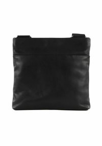 Borsa in pelle nera con una texture liscia, forma rettangolare, manici superiori e un design minimalista. Presenta una cucitura orizzontale al centro.