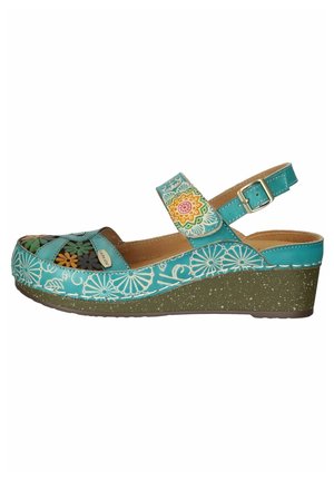 Turquoise instapsandalen met decoratieve bloemenpatronen, verstelbare enkelband en Textured groene gemeleerde zool. Open neus ontwerp.