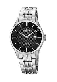 Montre-bracelet en acier inoxydable avec un cadran noir texturé, des index argentés et un affichage de la date. Équipée d'un bracelet en métal à maillons et d'un verre saphir.