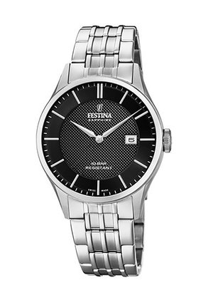 Montre-bracelet en acier inoxydable avec un cadran noir texturé, des index argentés et un affichage de la date. Équipée d'un bracelet en métal à maillons et d'un verre saphir.