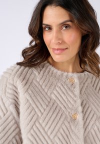 Lichtgrijze nepbontjas met een chevronpatroon, ronde halslijn en gouden accentknopen. Zachte textuur en weelderig materiaal.