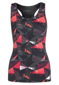 Czarny sportowy top bez rękawów z geometrycznym wzorem w kolorach czerwonym, szarym i białym. Miękka, elastyczna tkanina z wycięciem typu racerback zapewniającym swobodę ruchów.