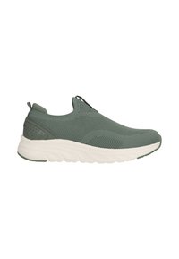 Green mesh slip-on sneakers feature a textured upper, padded collar, and a thick white rubber sole with green accents.