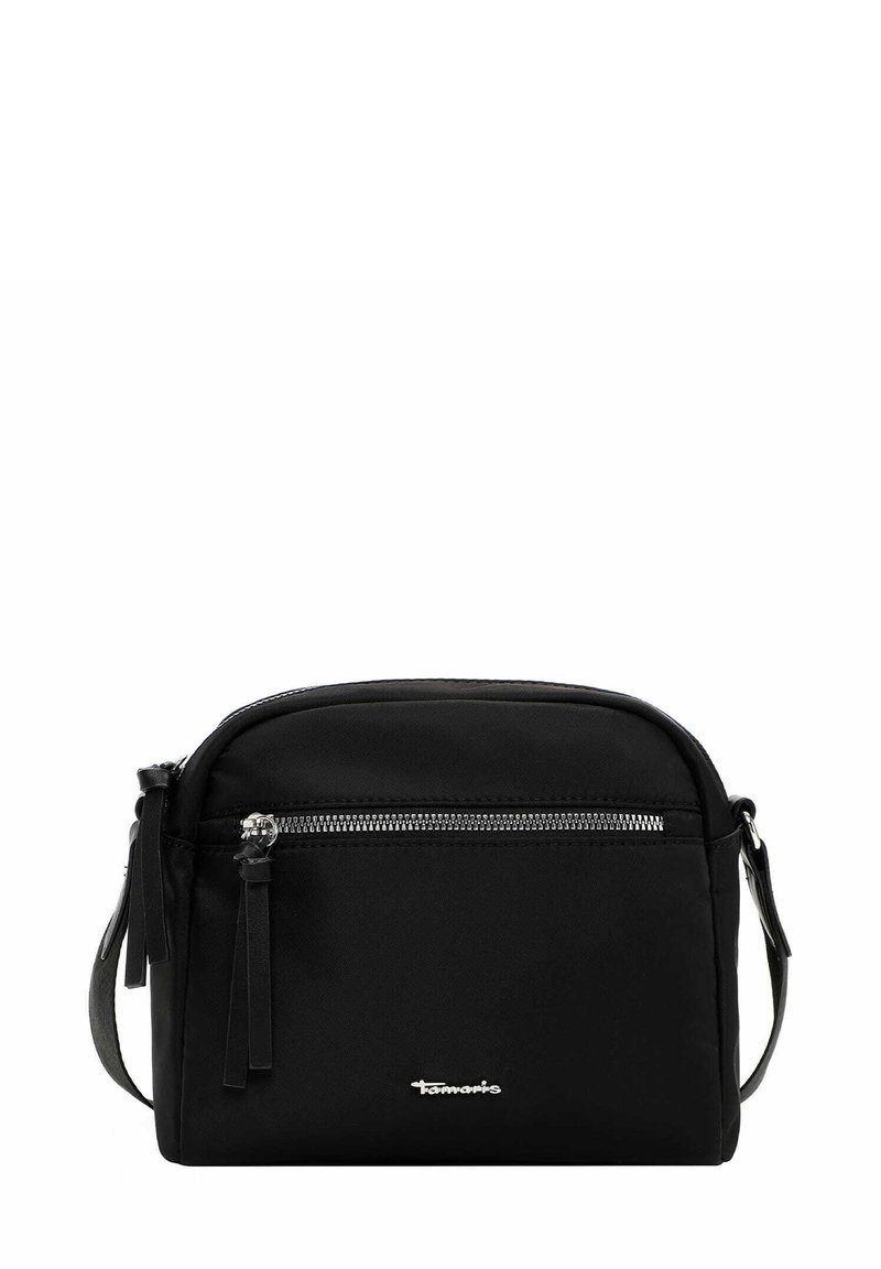 Borsa a tracolla nera in nylon, dotata di tasca frontale con zip, tracolla regolabile e logo metallico sul davanti in basso.