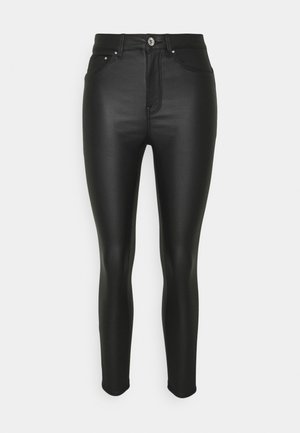 Svarta fusk läder skinny jeans med hög midja, femficksdesign, sömnadsdetaljer och knappstängning framtill.