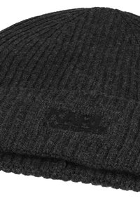 Dunkelgraue gestrickte Mütze mit Rippstruktur, ausgestattet mit einem umgeschlagenen Saum und einem kleinen schwarzen Logo auf der Vorderseite.