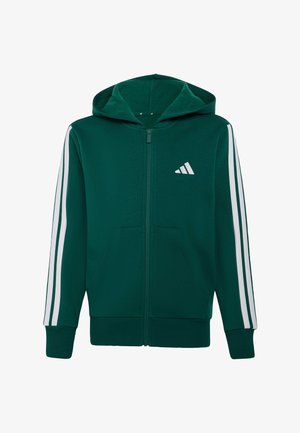 Sudadera con capucha verde oscuro con cremallera, con tres rayas blancas en las mangas, bolsillos delanteros y un logo blanco de Adidas en el pecho.